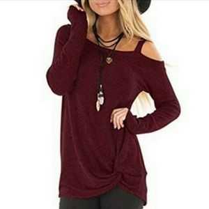 Burgundy Cold Shoulder Knit Long sleeve knot top M